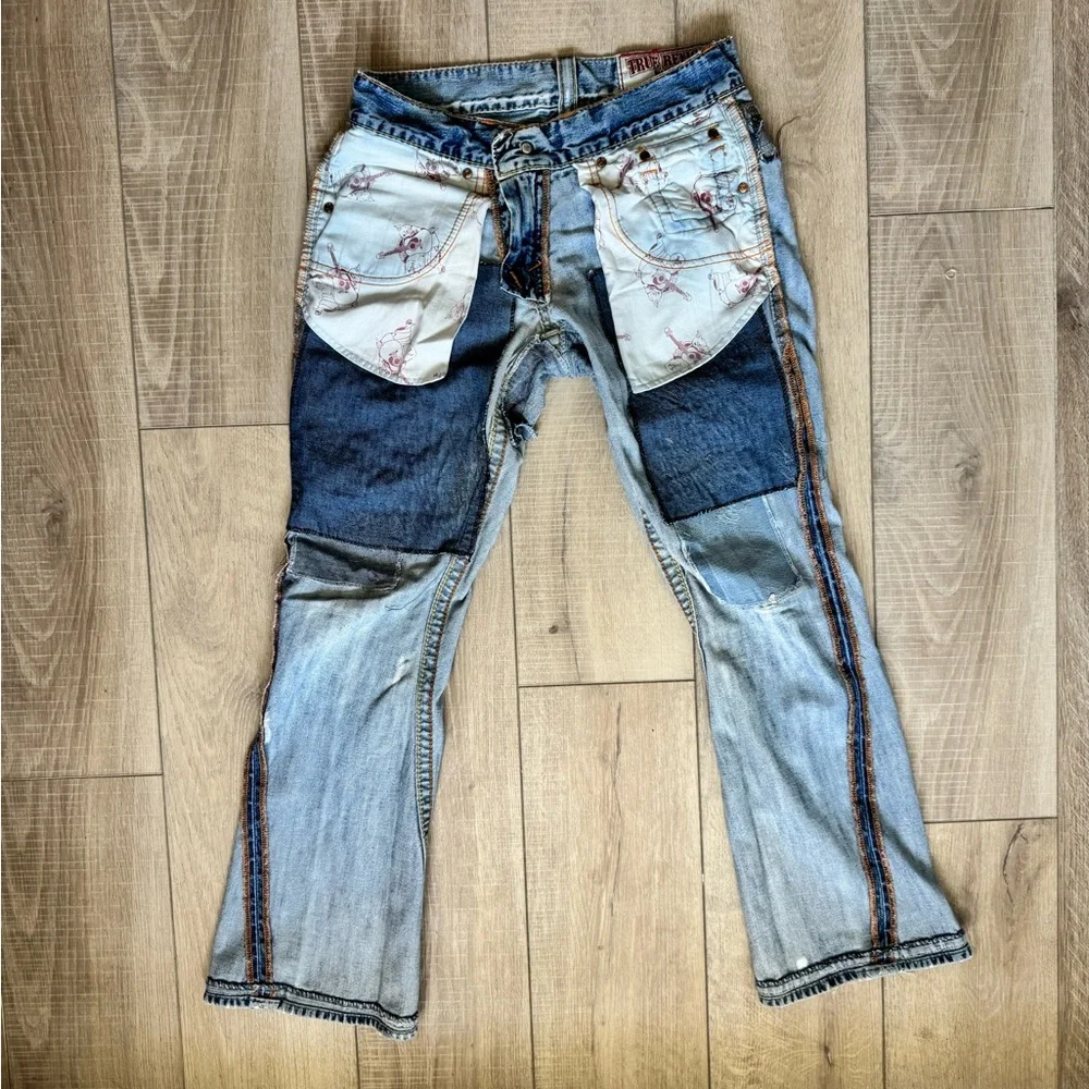 Vintage True Religion Rainbow Joey Distressed Horseshoe Pocket Jeans low rise